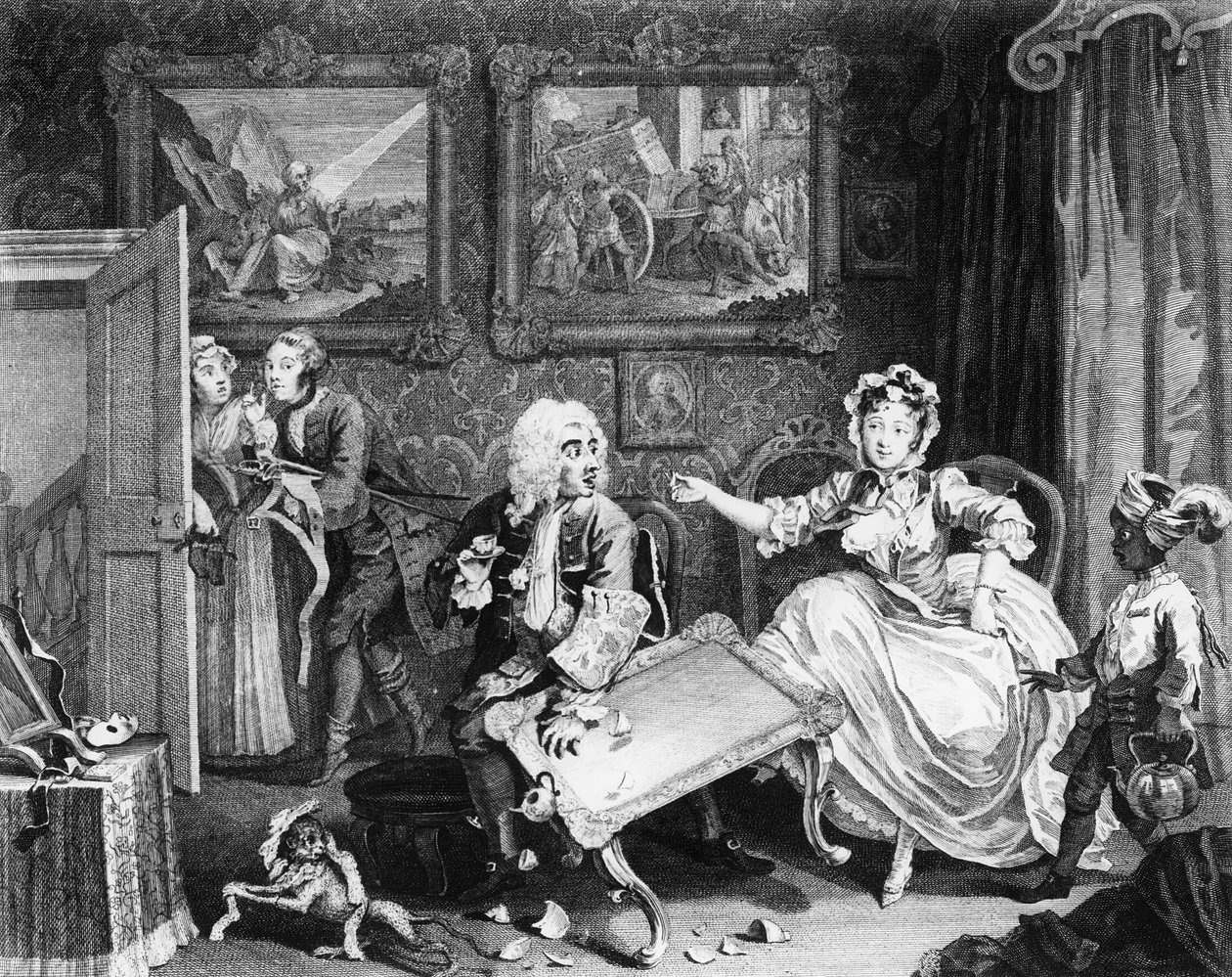 Postęp nierządnicy, płyta II, Kłótnie z jej żydowskim obrońcą autorstwa William Hogarth