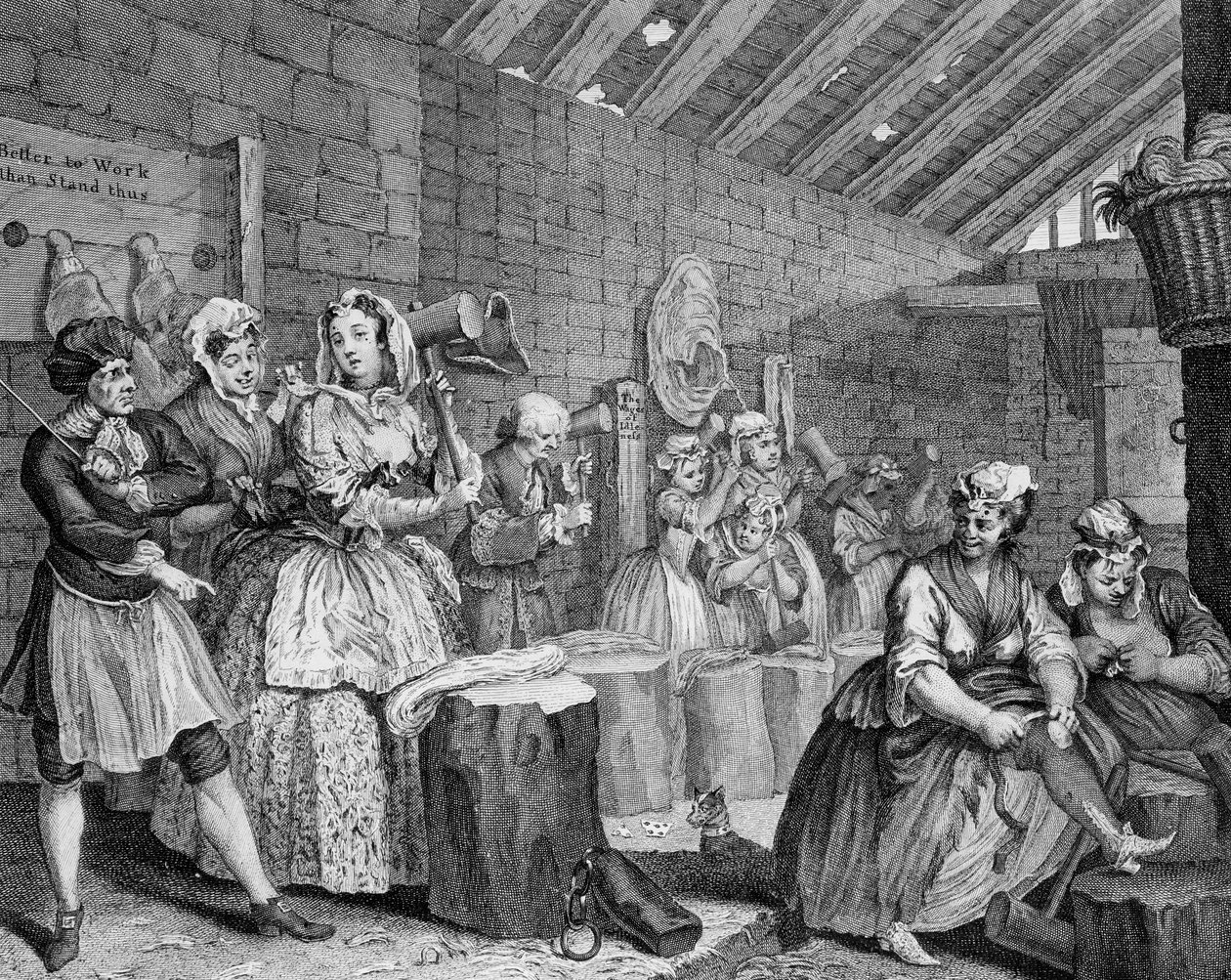 Postępy nierządnicy, tablica IV, scena w stajni panny młodej autorstwa William Hogarth
