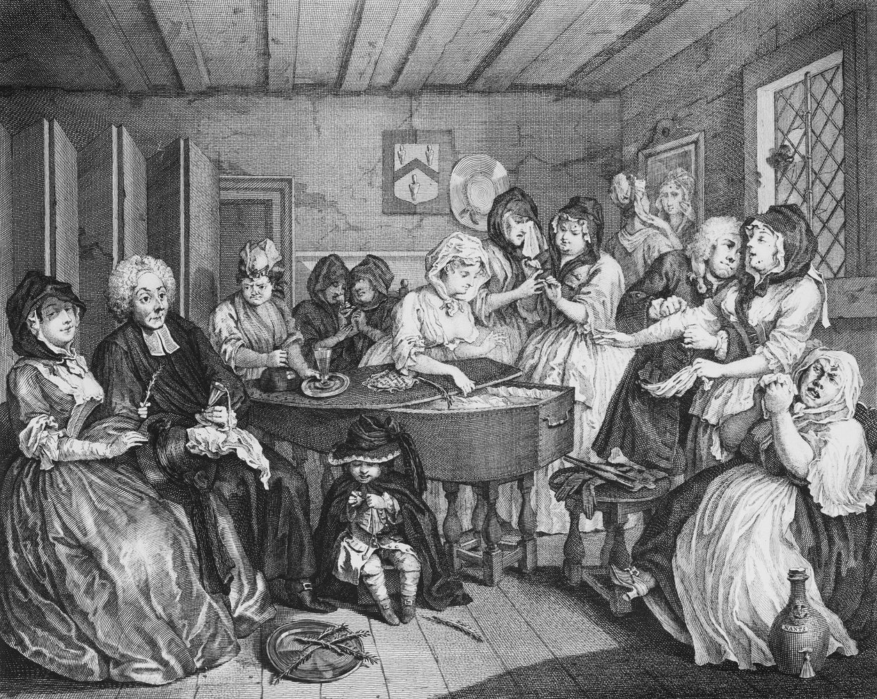 Postęp nierządnicy, płyta VI, Pogrzeb autorstwa William Hogarth