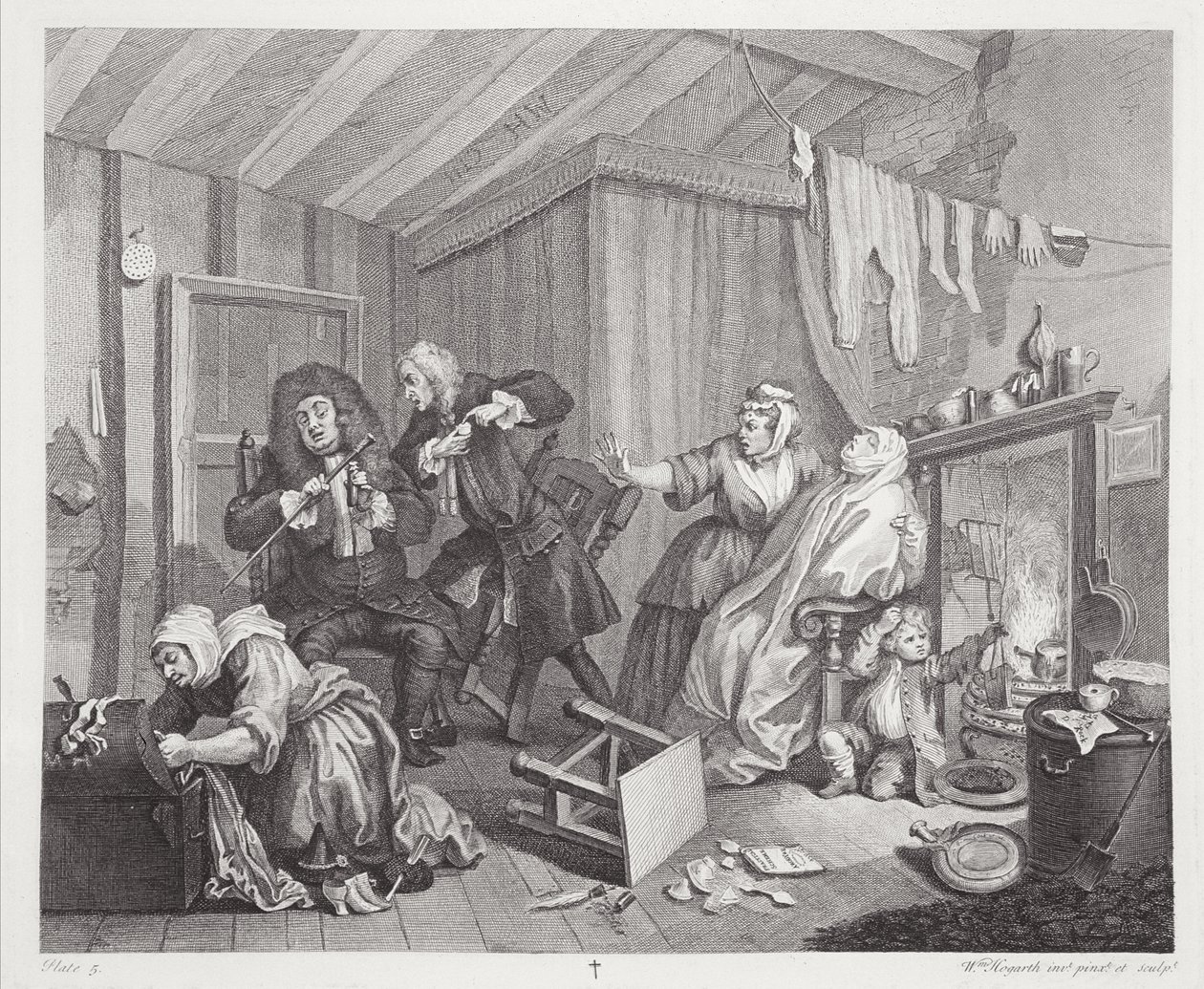 Postęp nierządnicy, tablica V, z "The Original and Genuine Works of William Hogarth", wydanej w Londynie w latach 1820-22 autorstwa William Hogarth