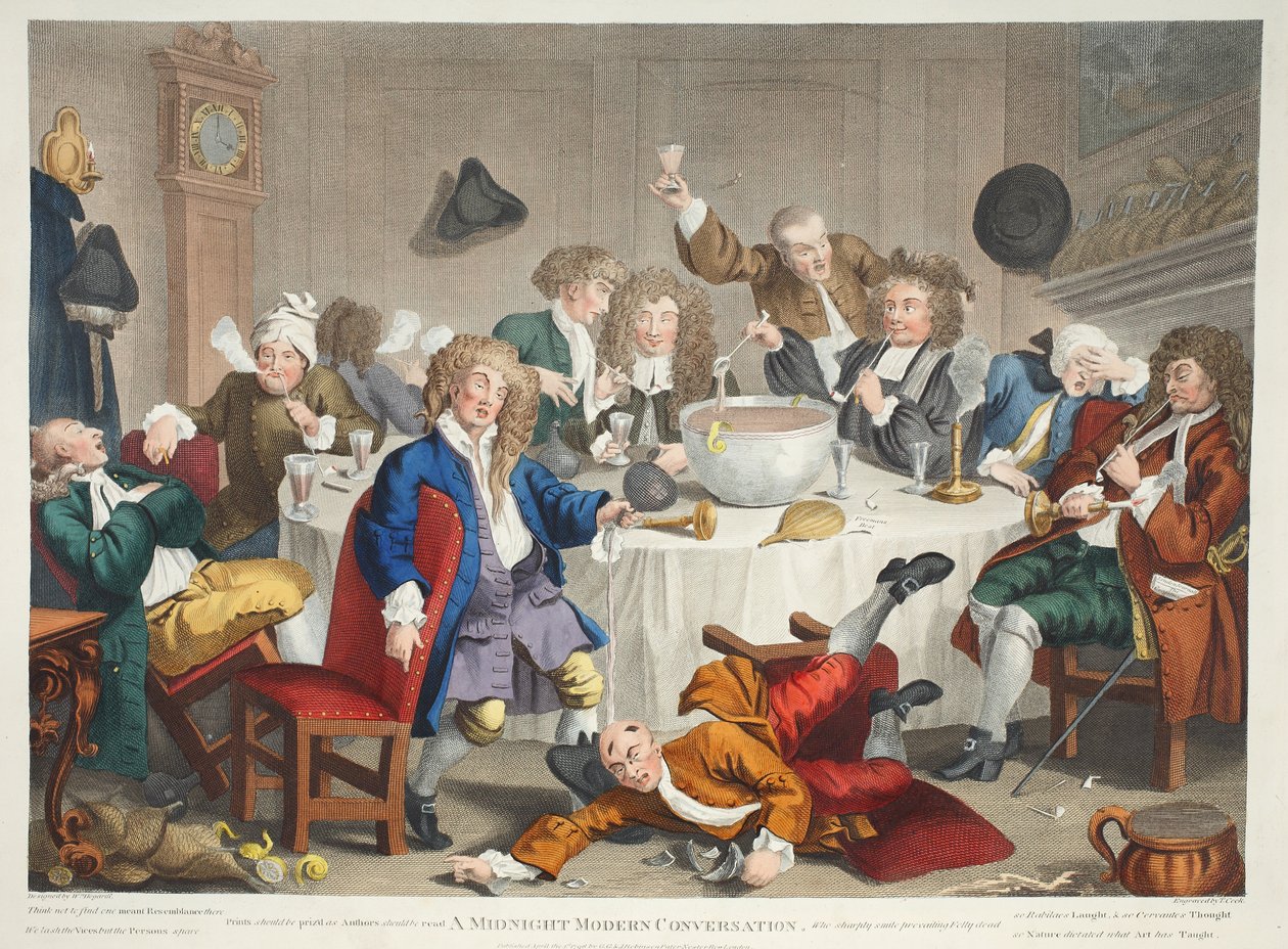 A Midnight Modern Conversation, ilustracja z „Hogarth Restored: The Whole Works of the sławny William Hogarth, ponownie grawerowany przez Thomasa Cooka”, wyd. 1812 (grawerowanie ręcznie kolorowane) autorstwa William Hogarth