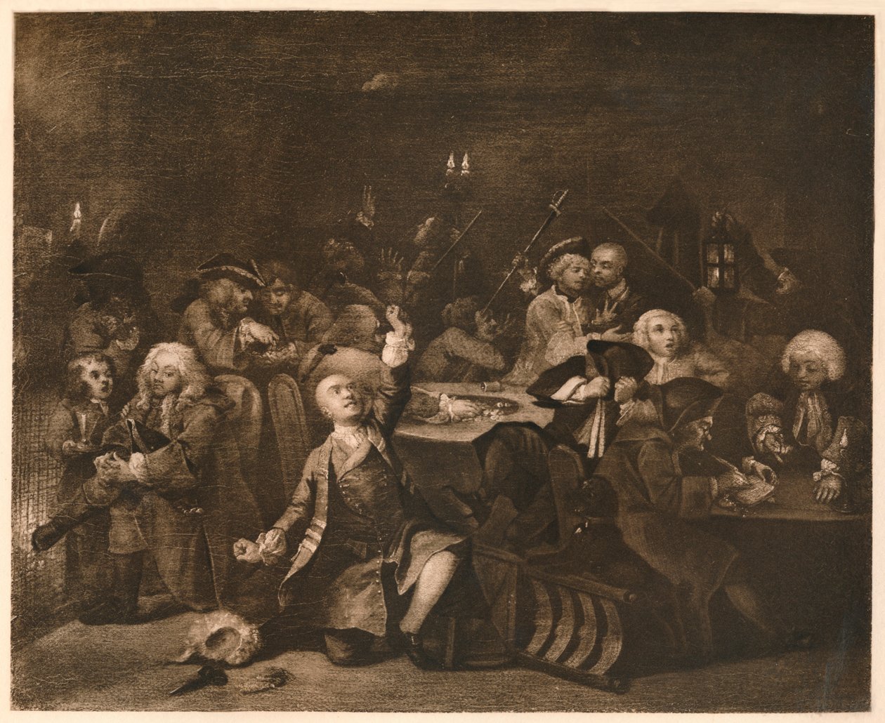 Postęp prowizji — 6: The Gaming House, 1733. autorstwa William Hogarth