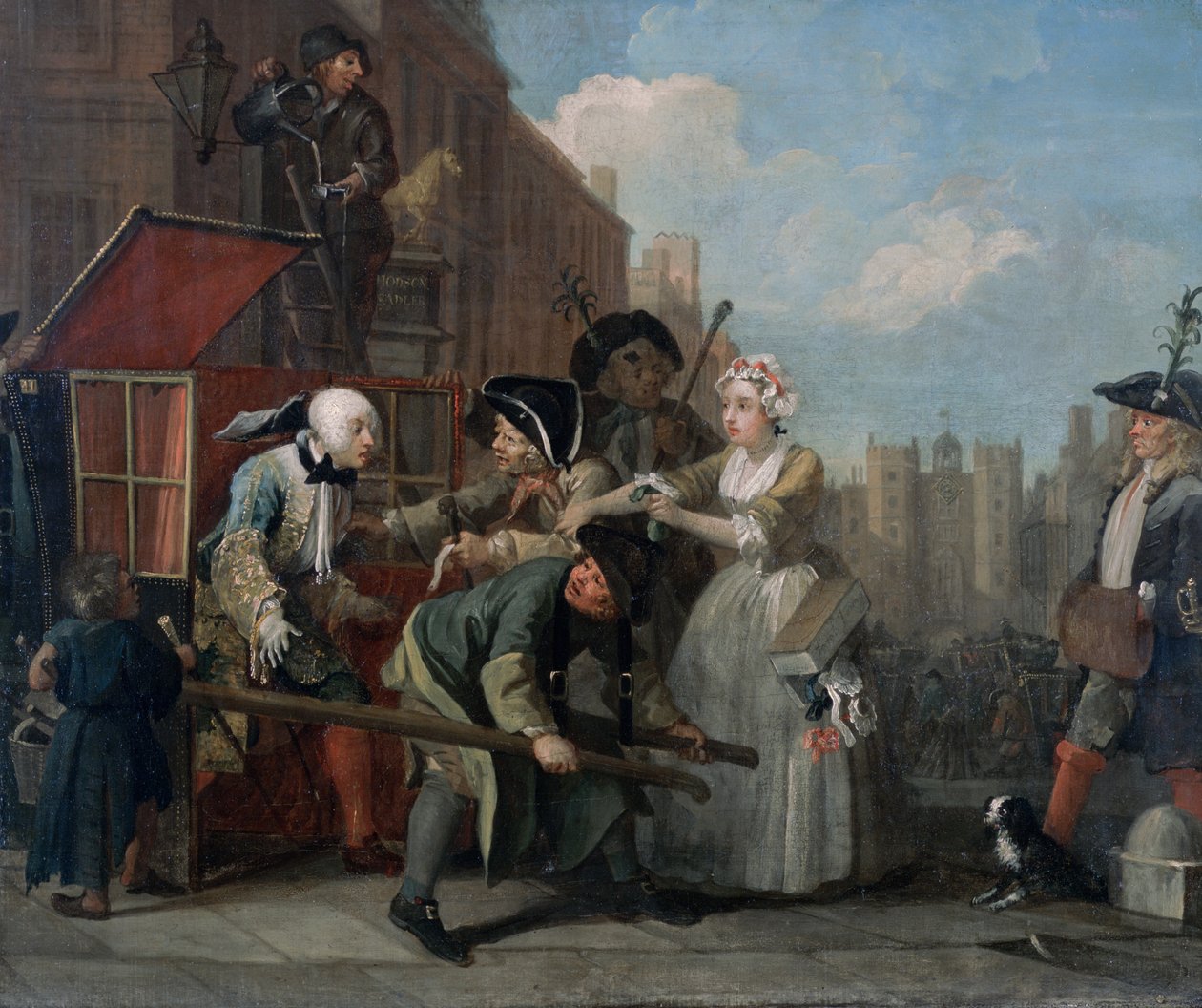 Postęp rozpustnika IV: aresztowany, pójście do sądu, 1733 r. autorstwa William Hogarth