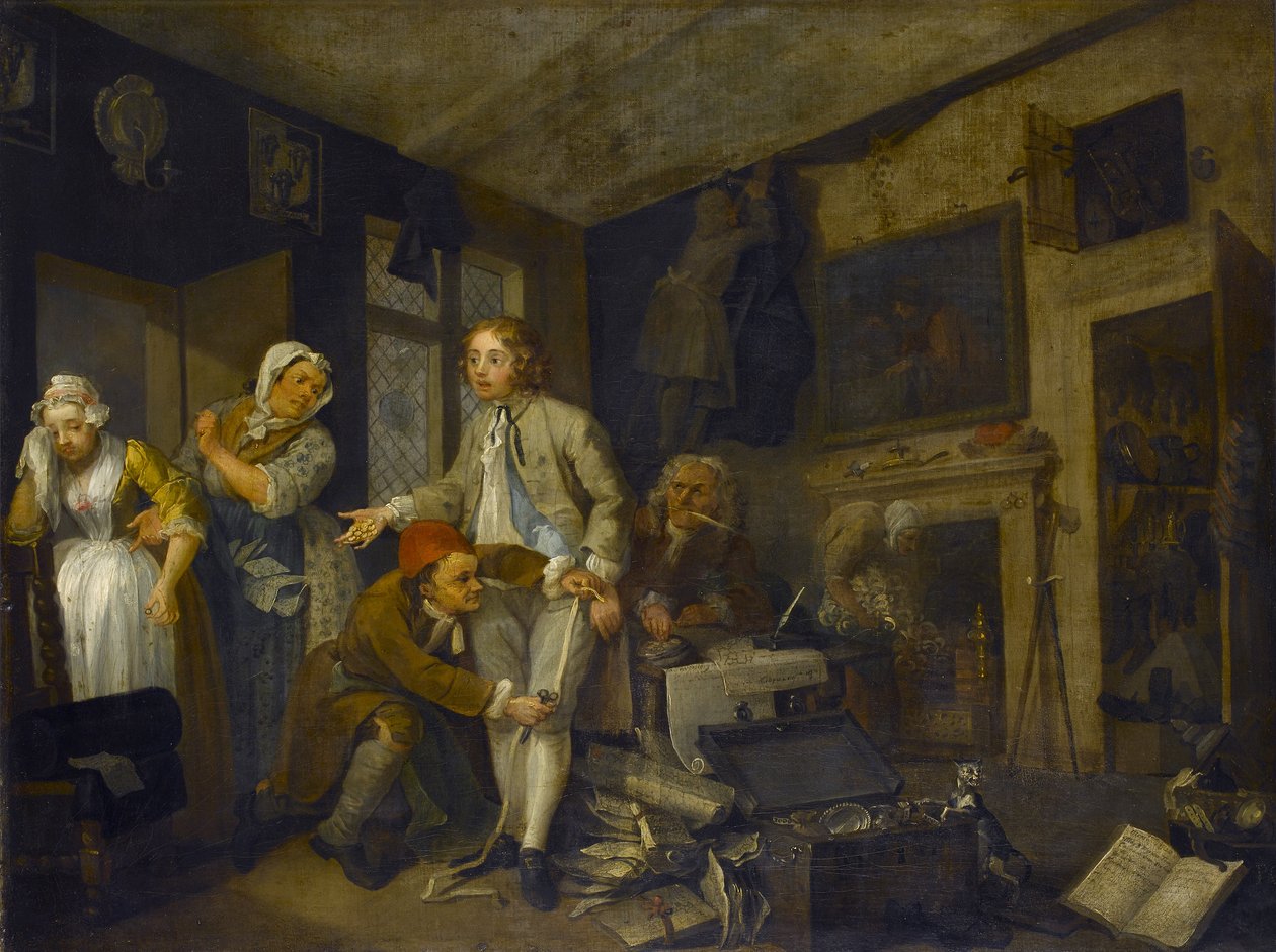 Postęp grabiego I: Grabiarz przejmujący jego majątek, 1733 autorstwa William Hogarth