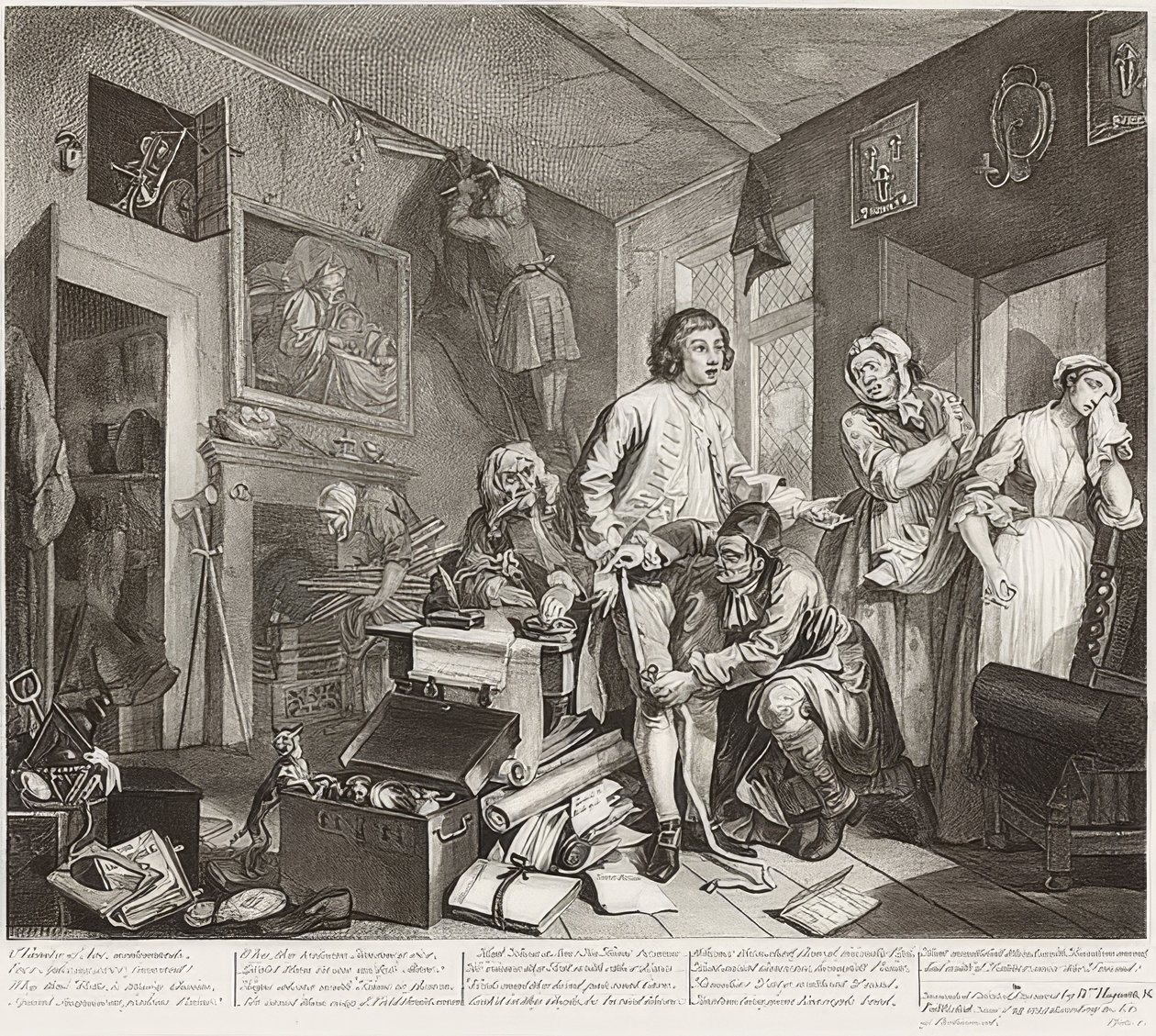 Postęp prowizji, płyta 1: Grabie przejmuje jego majątek / Der Weg eines Liederlichen, Blatt 1: Die Erbschaft. 1735 autorstwa William Hogarth