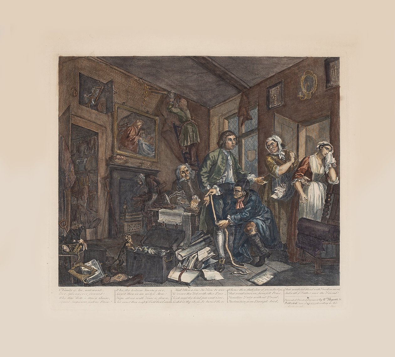 Postęp rozpustnika, płyta 1: Młody spadkobierca przejmuje efekty skąpca, ok. 1735. autorstwa William Hogarth