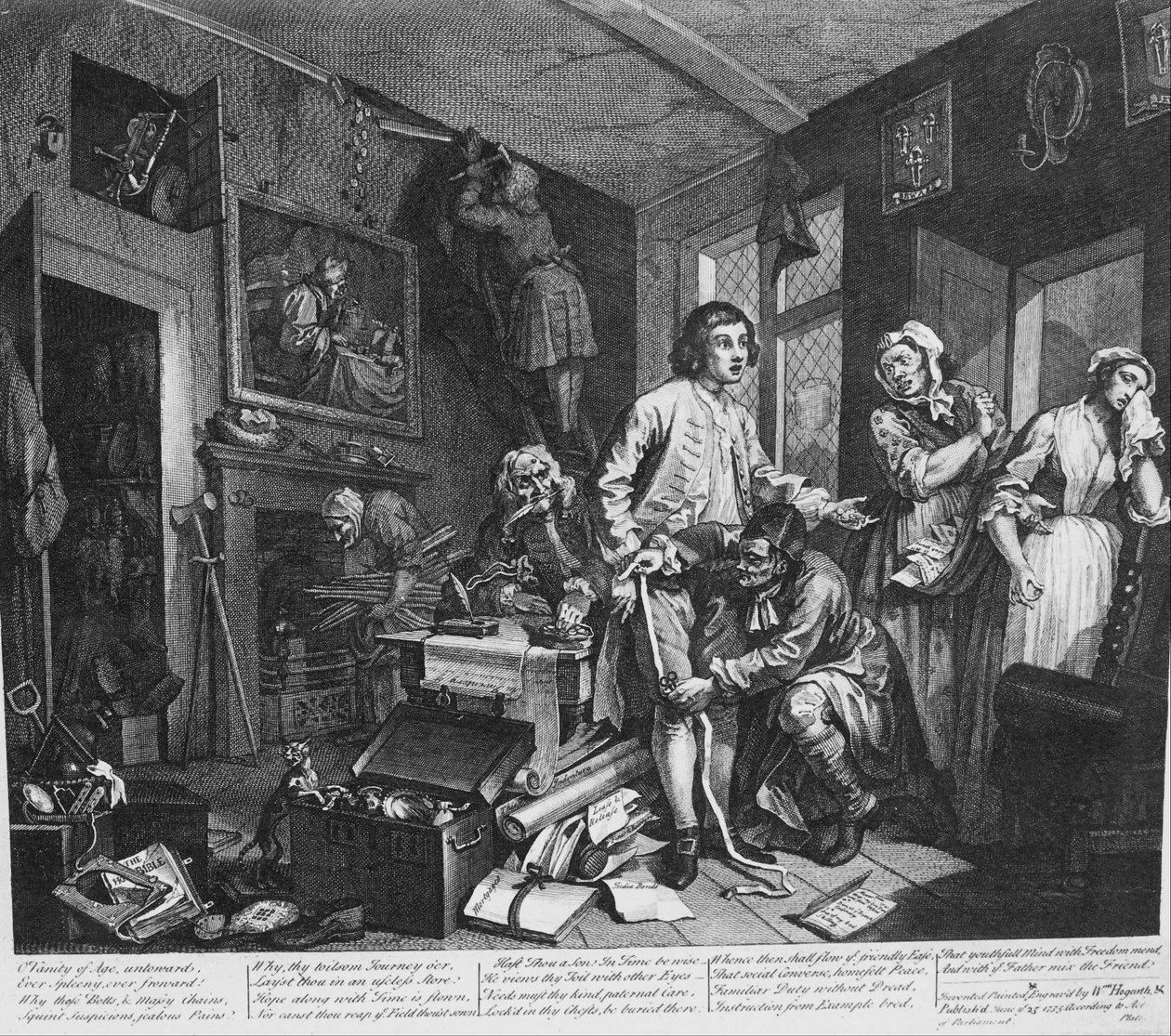 Postęp rozpustnika, płyta 1, Młody spadkobierca przejmuje efekty skąpca autorstwa William Hogarth