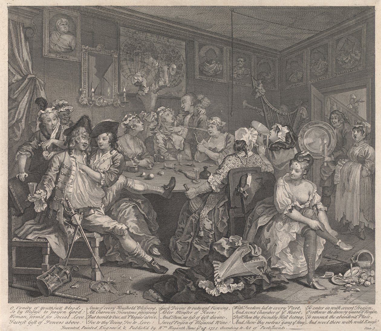 Kariera rozpustnika, plansza 3: Hulanka autorstwa William Hogarth
