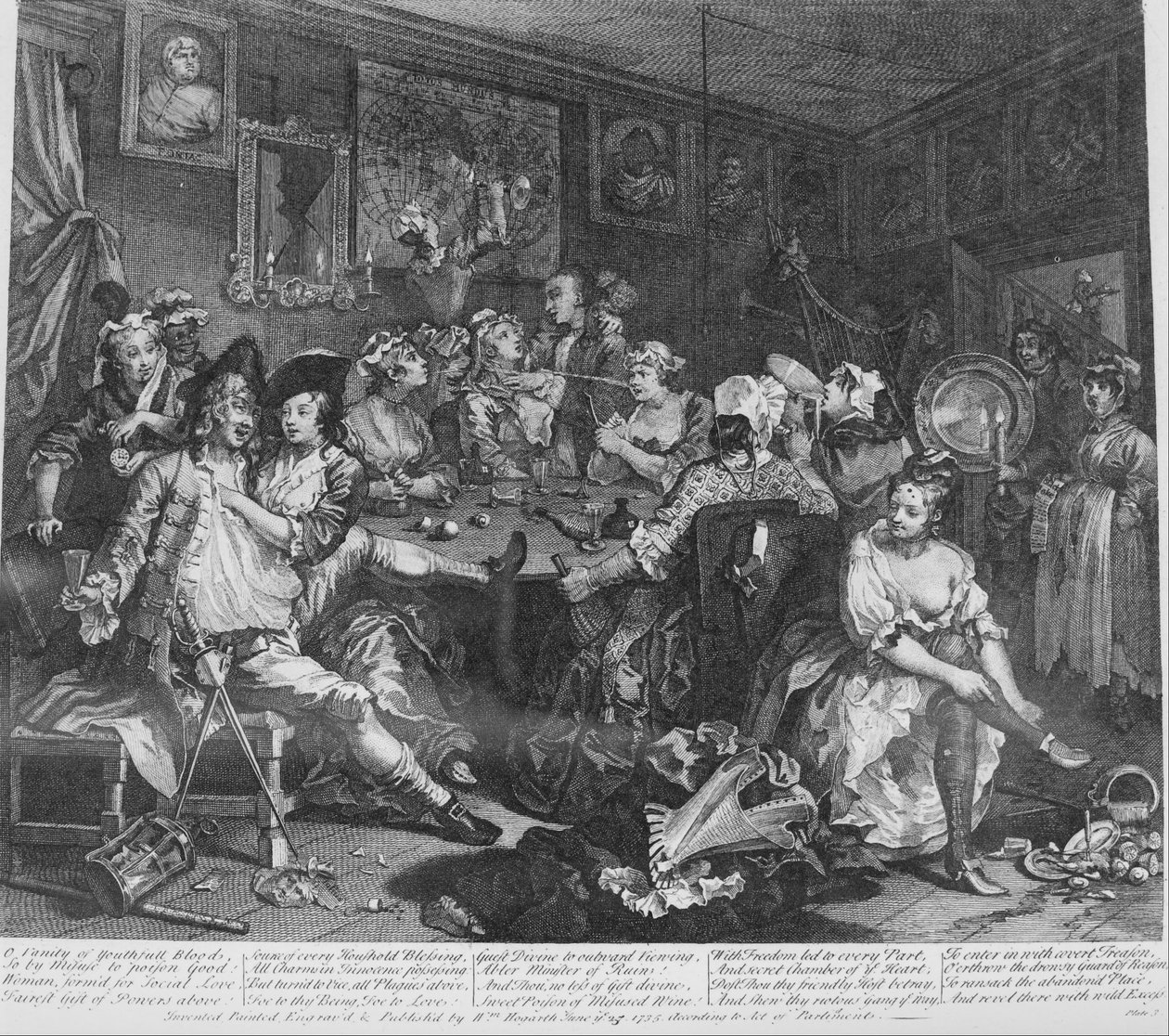 Postęp rozpustnika, płyta 3, scena w karczmie autorstwa William Hogarth