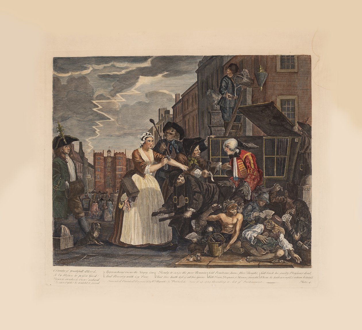 Postępy grabieży, tabl. 4: Aresztowani za długi, ok. 1735. autorstwa William Hogarth
