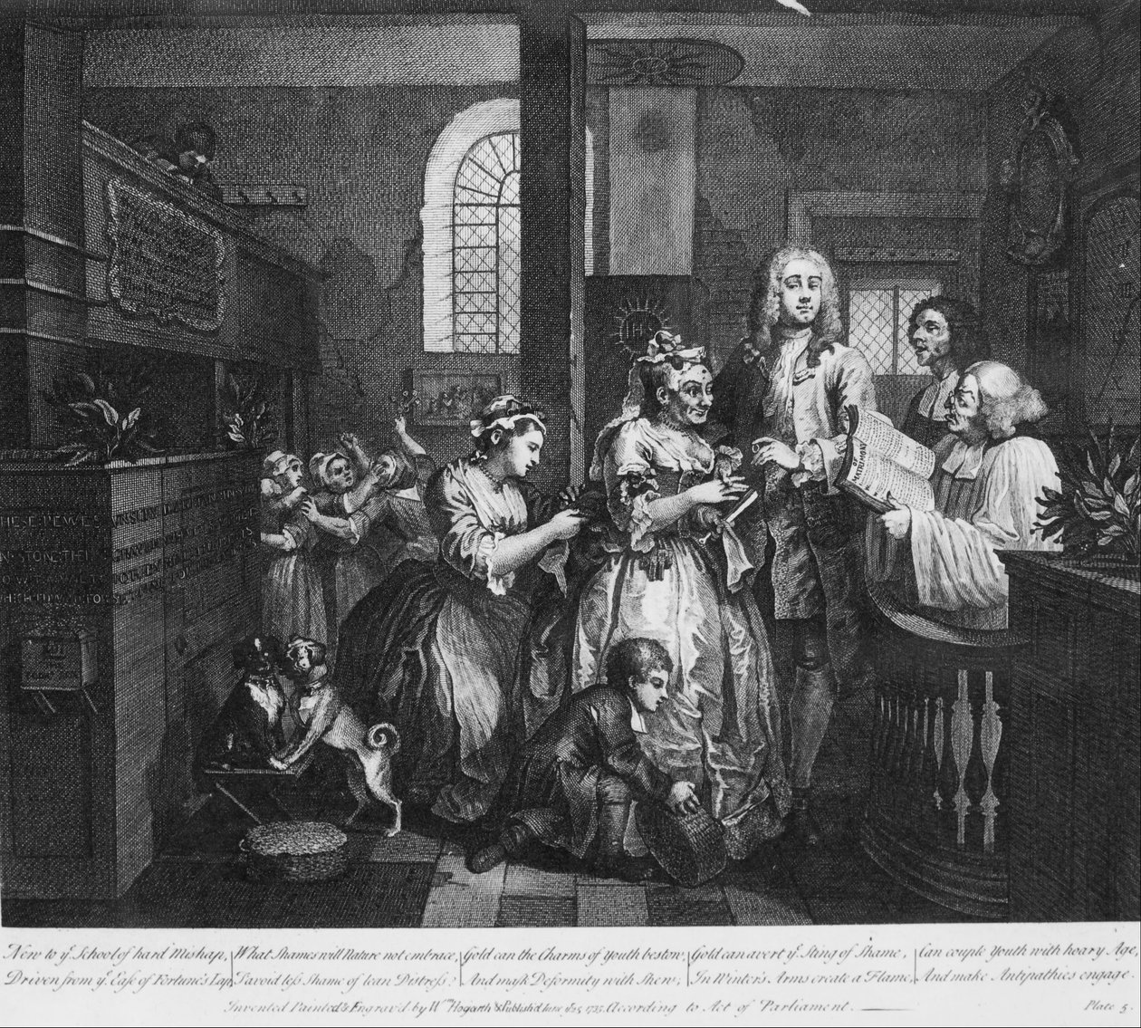 Postęp rozpustnika, płyta 5, żonaty ze starą panną autorstwa William Hogarth