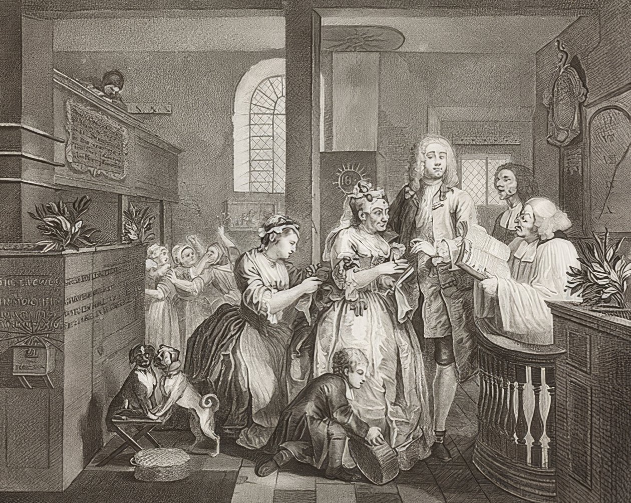 A Rake? S Progress, Tablica 5: Grabież poślubia starą kobietę / The Path of a Dissolute, Arkusz 5: Tom Rakewell poślubia bogatą starą kobietę). 1735 autorstwa William Hogarth