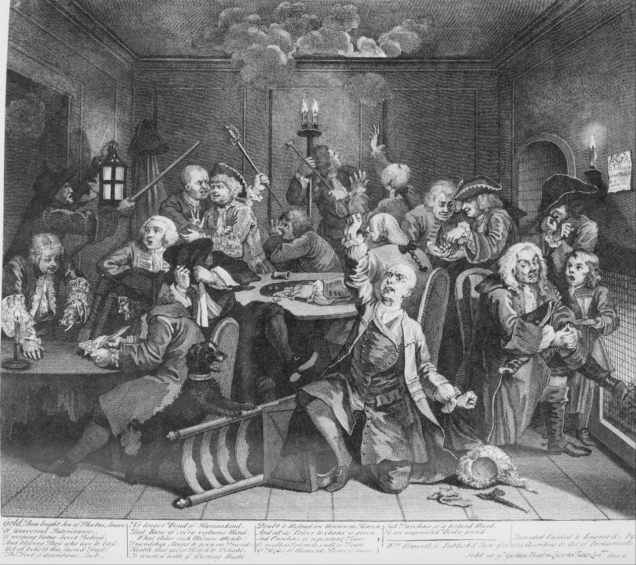 Postęp prowizji, płyta 6, scena w domu gier autorstwa William Hogarth