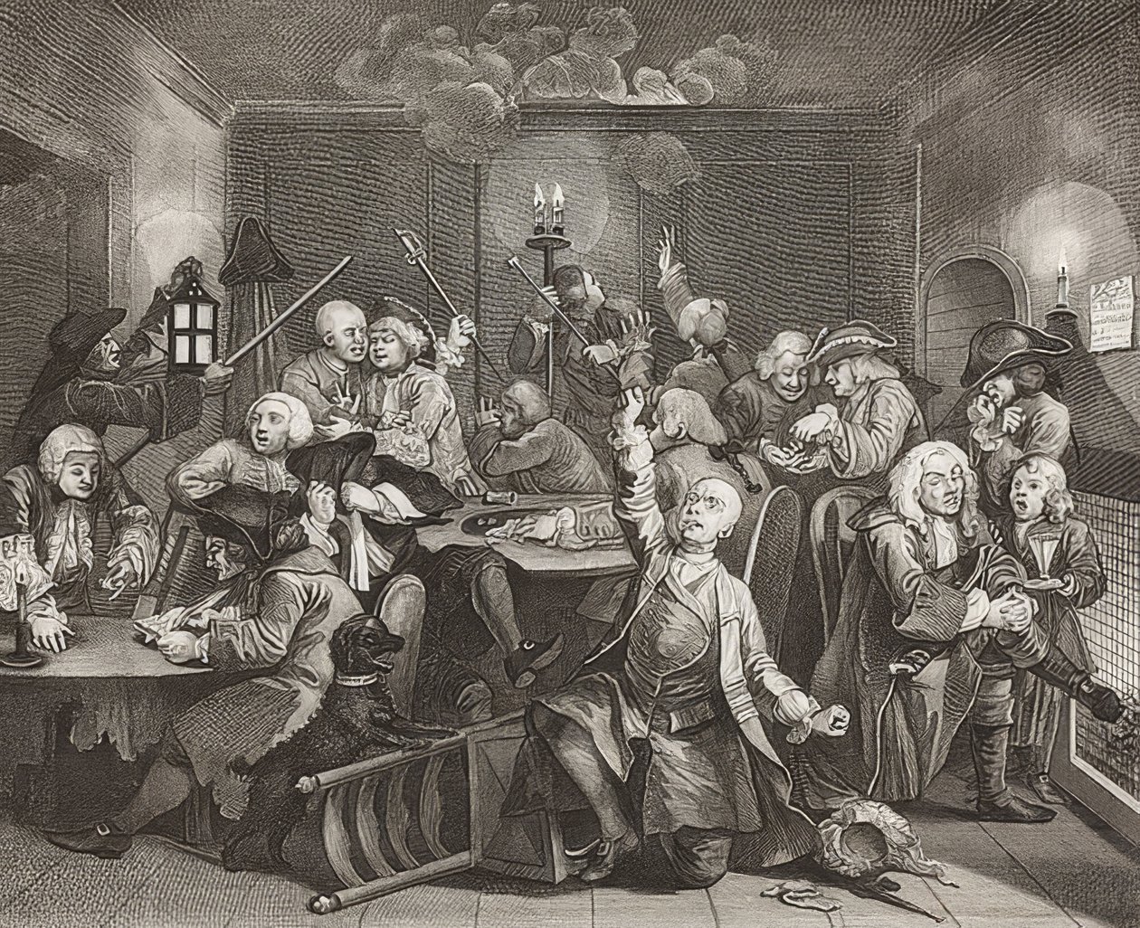 A Rake?s Progress, Plate 6: The Rake at a Gaming House / Der Weg eines Liederlichen, Blatt 6: Tom Rakewell in einer Spielhölle. 1735 autorstwa William Hogarth