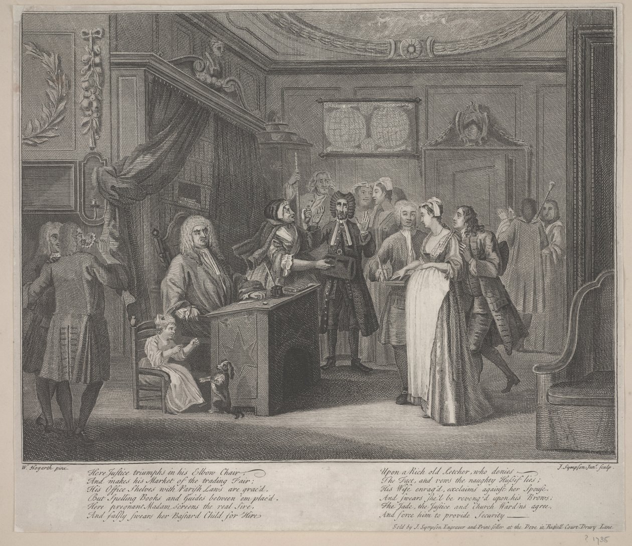 Kobieta przysięgająca dziecko obywatelowi grobu, ok. 1730-1735 (akwaforta) autorstwa William Hogarth