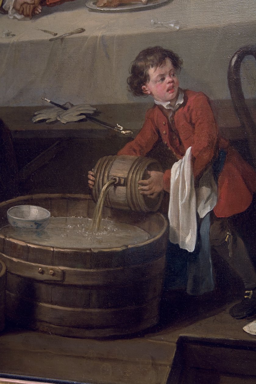 Roztargniona miednica nalewa beczkę brandy na pół beczki brudnych pomyj, fragment z Wybory, scena I, Rozrywka wyborcza, 1744-45 autorstwa William Hogarth