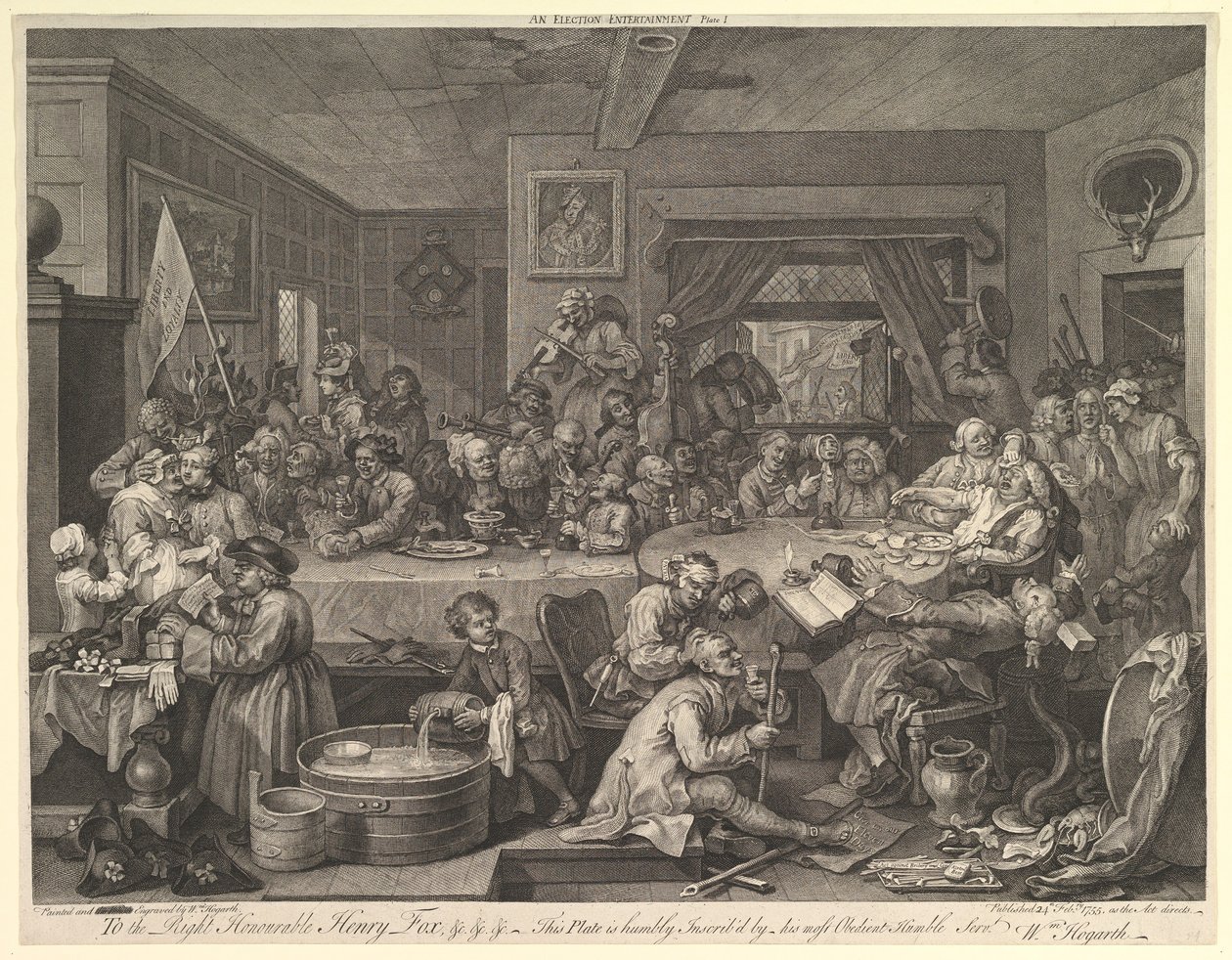 Rozrywka wyborcza, płyta I: Cztery druki z wyborów, luty 1755. autorstwa William Hogarth