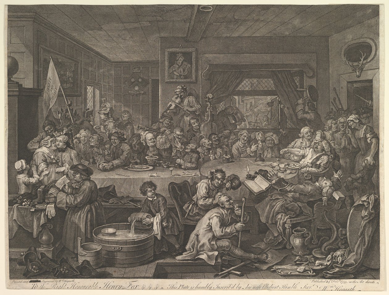 Rozrywka wyborcza, płyta I: Cztery druki z wyborów, 24 lutego 1755. autorstwa William Hogarth