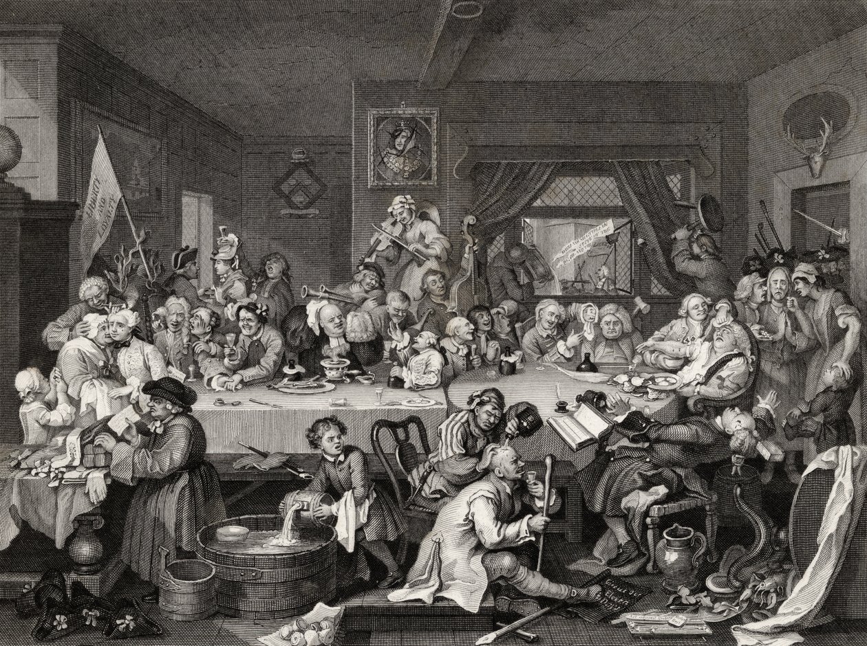 Rozrywka wyborcza, grawerowana przez T.E. Nicholson, z „Dzieła Williama Hogartha”, opublikowane w 1833 r. autorstwa William Hogarth