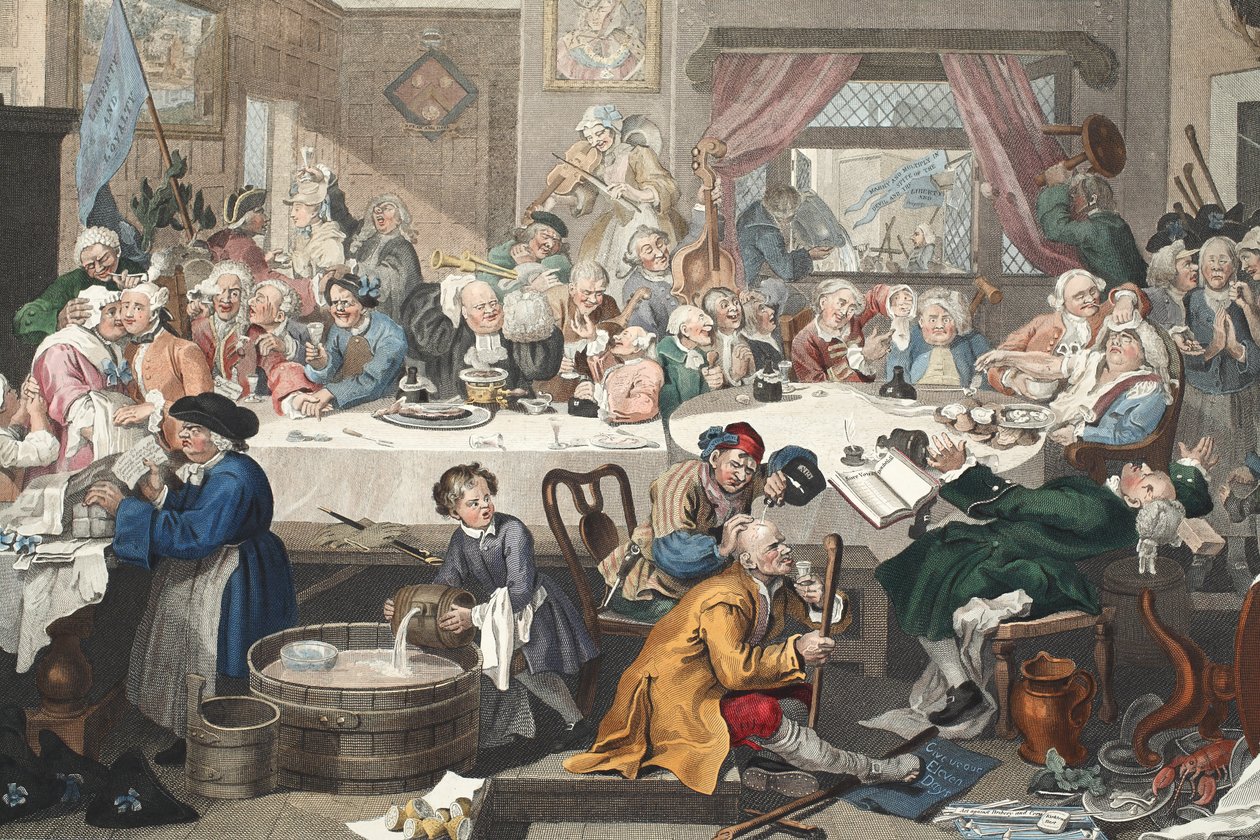 An Election Entertainment, ilustracja z „Hogarth Restored: The Whole Works of the sławny William Hogarth, ponownie grawerowany przez Thomasa Cooka”, wyd. 1812 (grawerowanie ręcznie kolorowane) autorstwa William Hogarth