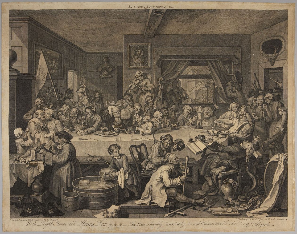 Uczta wyborcza, tablica 1 z serii Cztery ryciny z wyborów autorstwa William Hogarth
