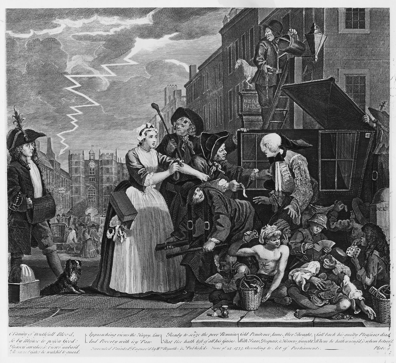 Aresztowany za dług, tablica V z „Postępu grabieży”, 1735 autorstwa William Hogarth