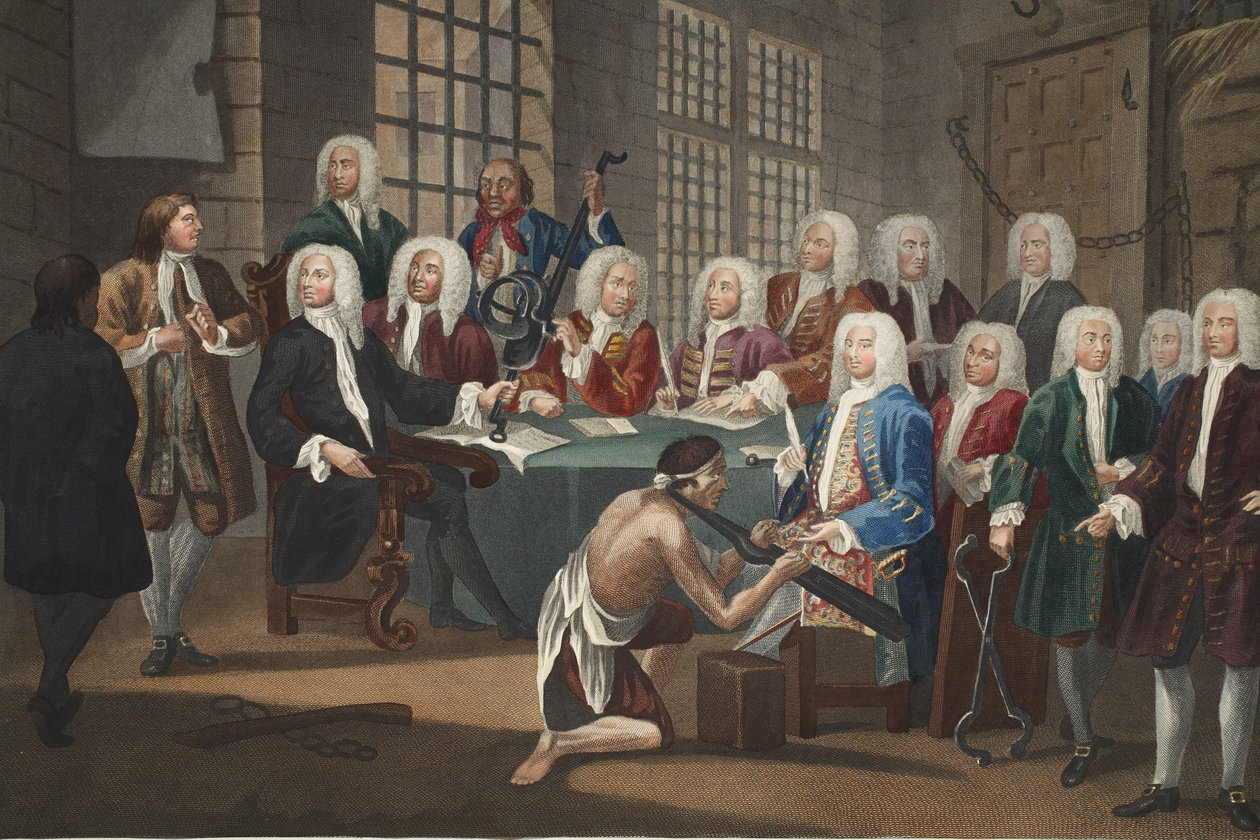 Bambridge sądzony za morderstwo przez komisję Izby Gmin, ilustracja z „Hogarth Restored: The Whole Works of the słynny William Hogarth, ponownie wygrawerowany przez Thomasa Cooka”, wyd. 1812 (rycina ręcznie kolorowana) autorstwa William Hogarth