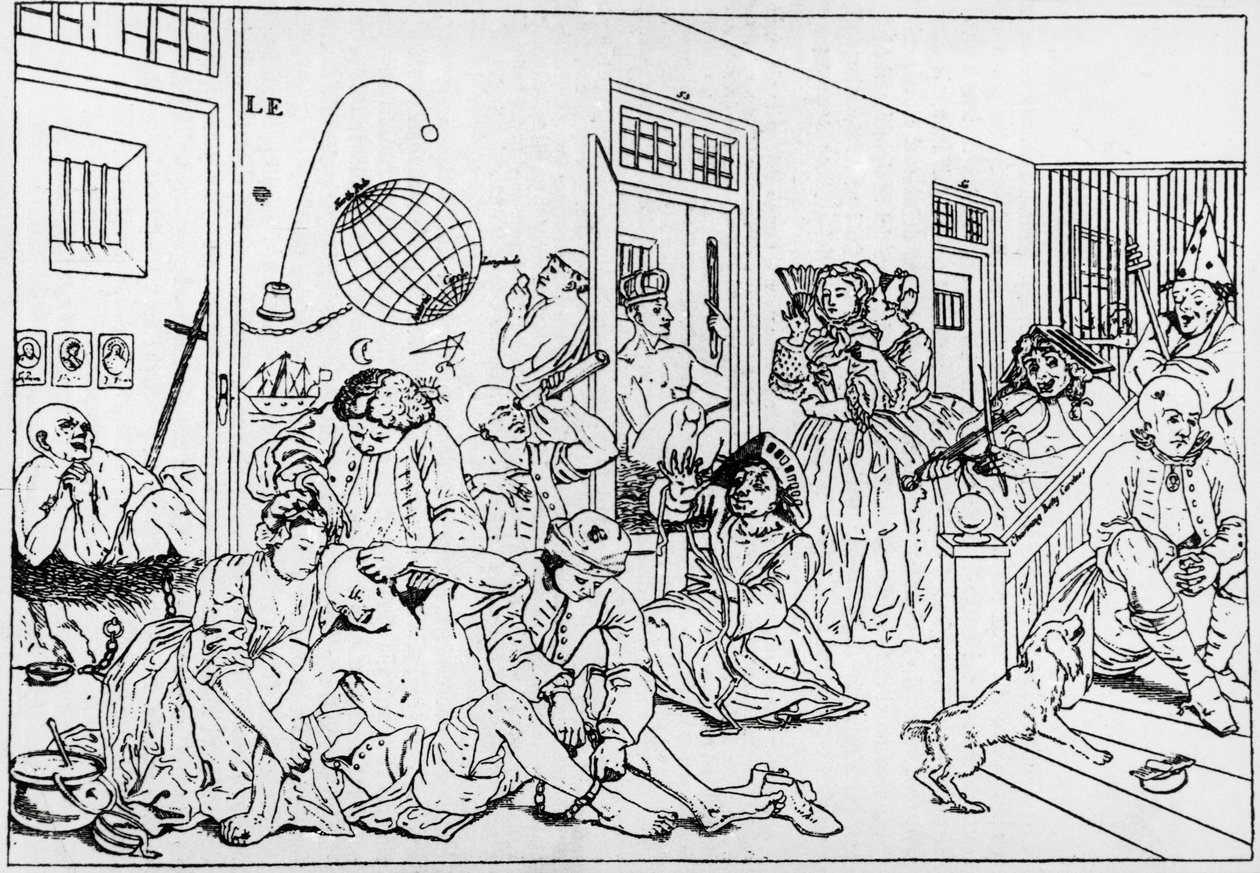Zakład psychiatryczny Bedlam, rycina z postępów serii grabie, autorstwa Williama Hogartha (1697-1764) autorstwa William Hogarth