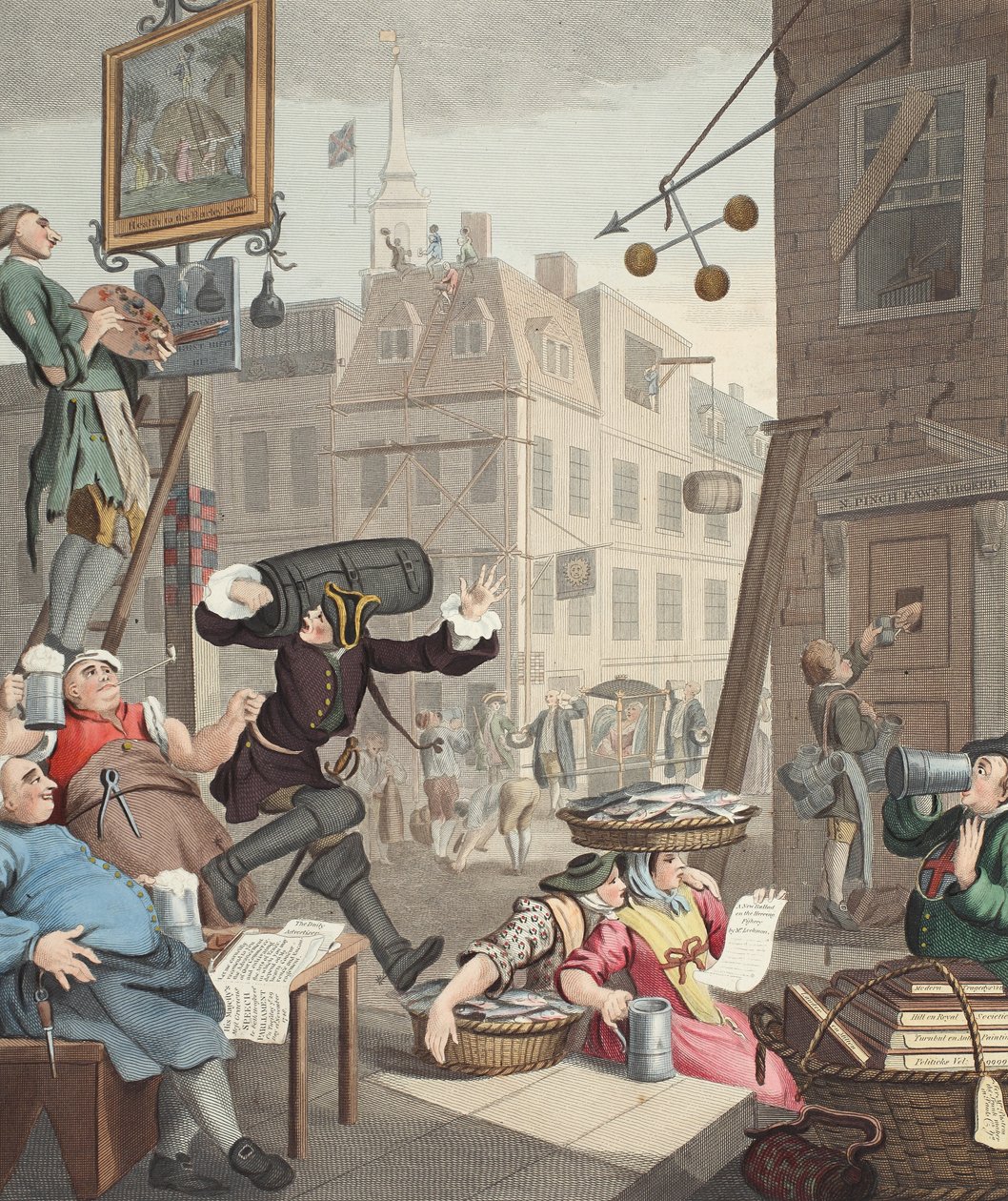 Beer Street, ilustracja z „Hogarth Restored: The Whole Works of the sławny William Hogarth, ponownie grawerowany przez Thomasa Cooka”, wyd. 1812 (grawerowanie ręcznie kolorowane) autorstwa William Hogarth
