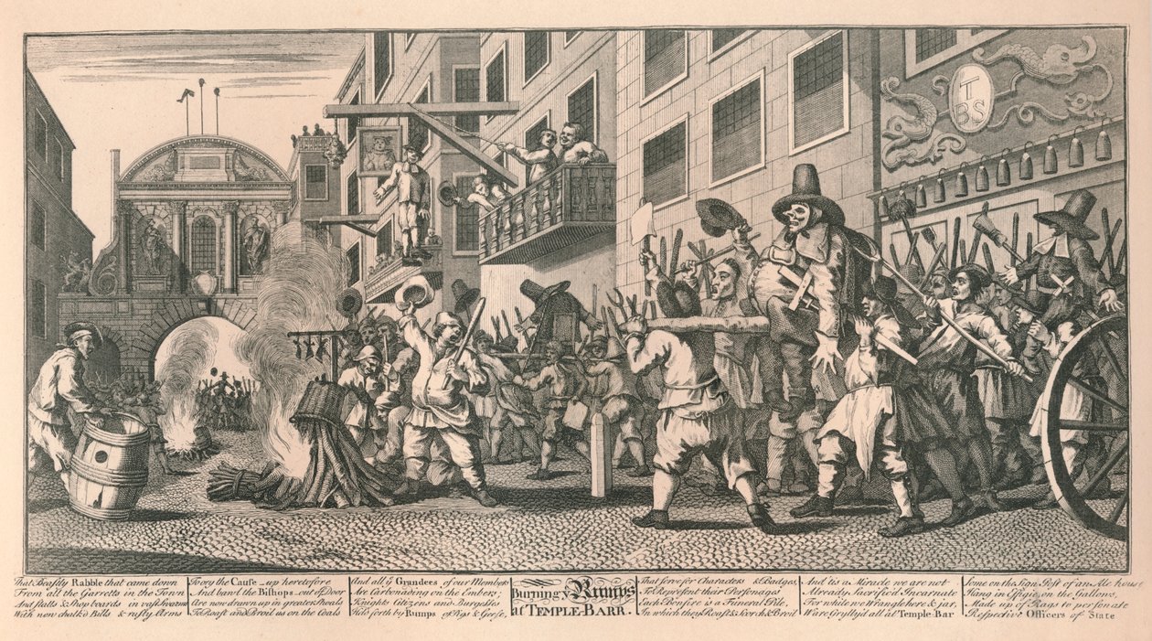 Burning the Rumps w Temple Bar, Londyn, 1726. autorstwa William Hogarth