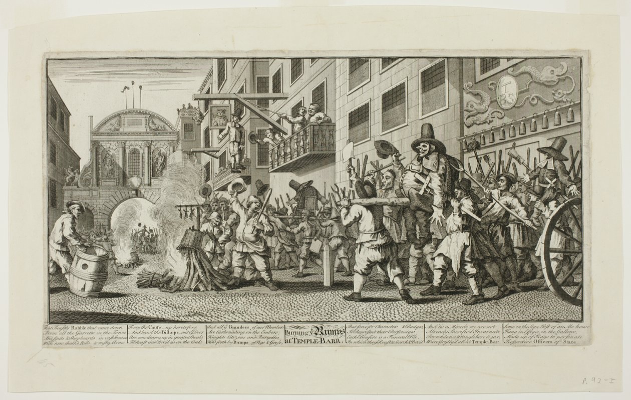 Spalenie Rumps w Temple Bar, płyta jedenasta z Hudibras autorstwa William Hogarth