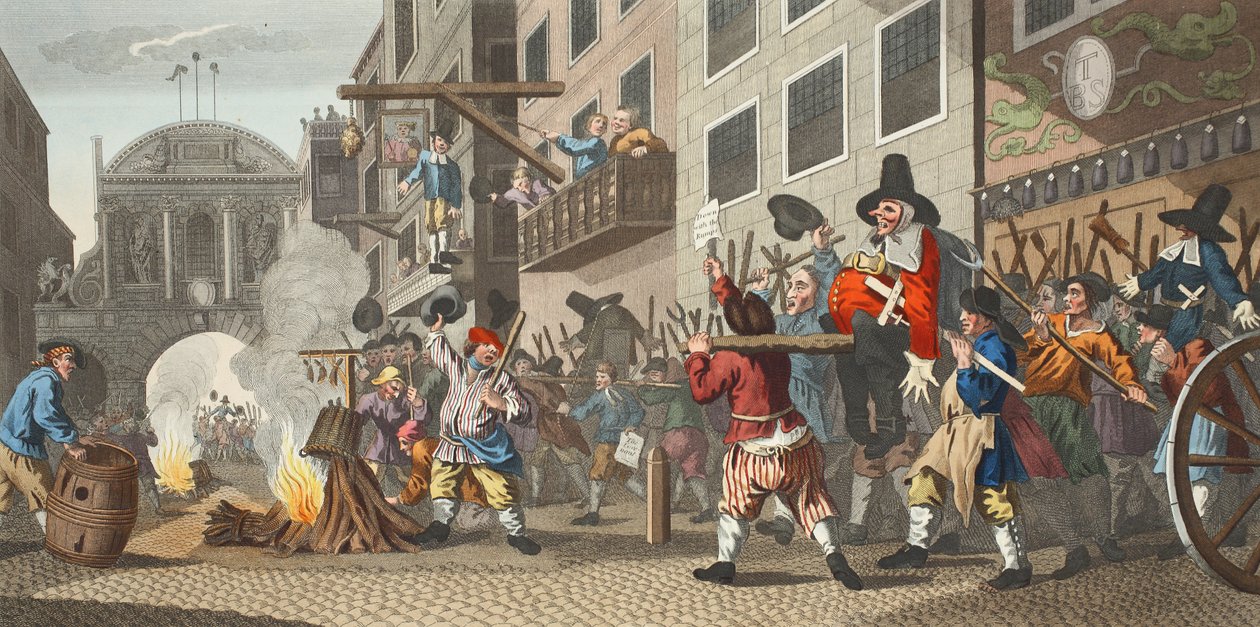 Burning ye Rumps at Temple-Barr, ilustracja z „Hogarth Restored: The Whole Works of the sławny William Hogarth, ponownie grawerowany przez Thomasa Cooka”, wyd. 1812 (grawerowanie ręcznie kolorowane) autorstwa William Hogarth