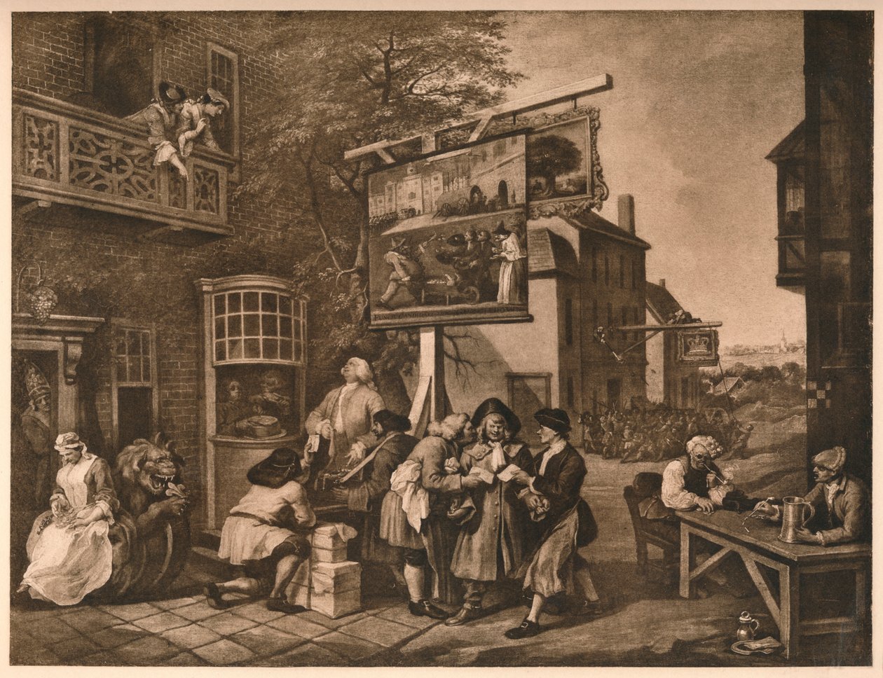 Akwizycja na głosy, tablica II z Humorów wyborczych, 1757 autorstwa William Hogarth