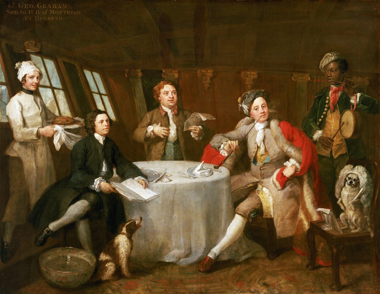 Kapitan George Graham (1715-1747), w kabinie swojego statku "Nottingham", obraz upamiętniający jego zwycięstwo u wybrzeży Ostendy (Belgia) w czerwcu 1745 r. nad francuską eskadrą handlową z bogatymi łupami. autorstwa William Hogarth
