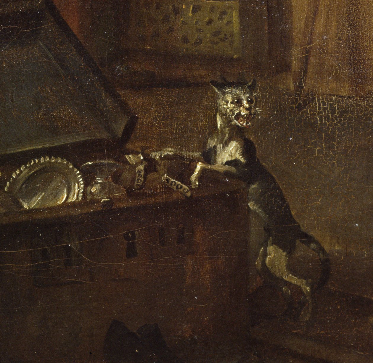 Kot z klatką piersiową, fragment z filmu A Rakes Progress I: Grabiarz biorący posiadłość, 1733 olej na płótnie, fragment 72326 autorstwa William Hogarth