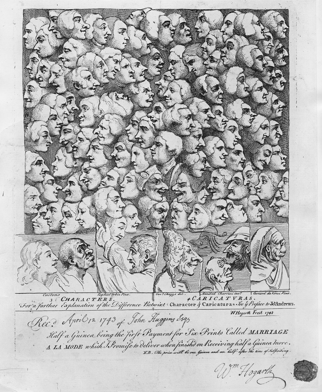 Postacie i karykatury, opublikowane w kwietniu 1743 autorstwa William Hogarth