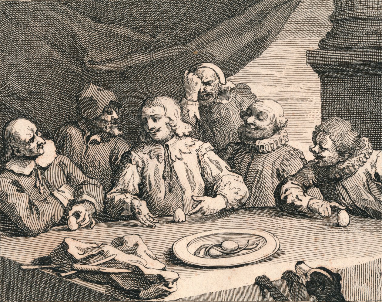 Krzysztof Kolumb rozbijający jajko, 1753. autorstwa William Hogarth