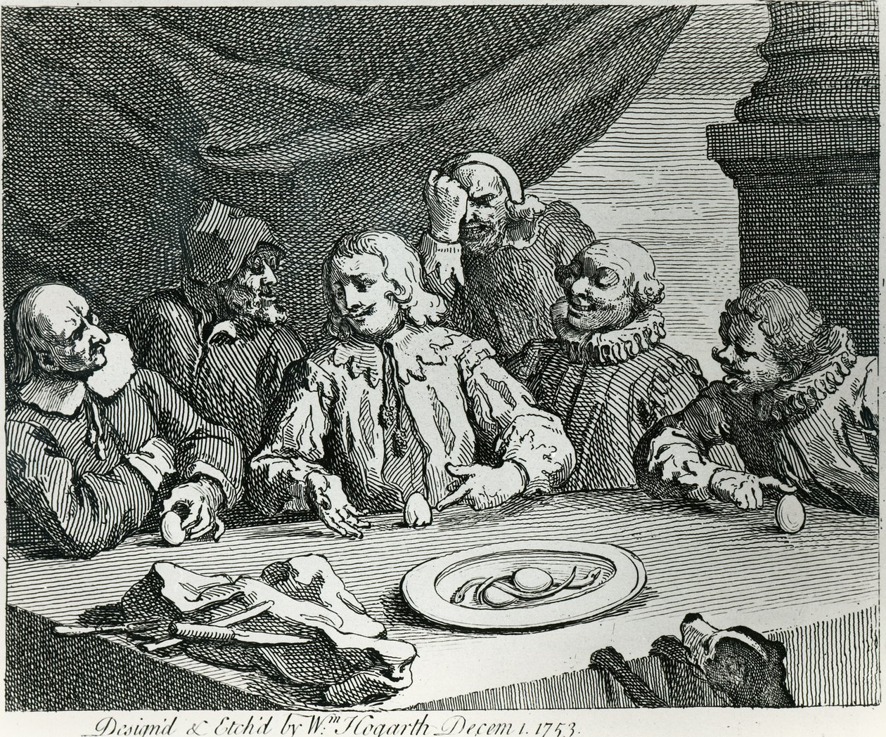 Kolumb rozbijający jajko, 1753 r. autorstwa William Hogarth