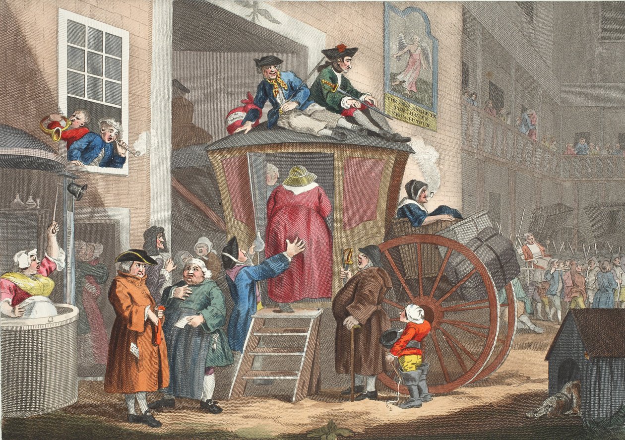 Country Inn Yard, ilustracja z „Hogarth Restored: The Whole Works of the sławny William Hogarth, ponownie grawerowany przez Thomasa Cooka”, wyd. 1812 (grawerowanie ręcznie kolorowane) autorstwa William Hogarth