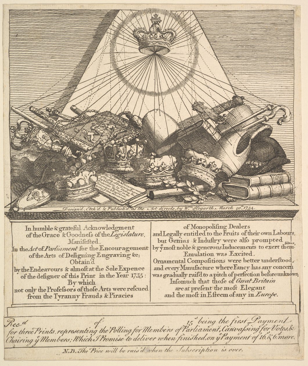 Korony, mitry, buławy itp., 1755. autorstwa William Hogarth