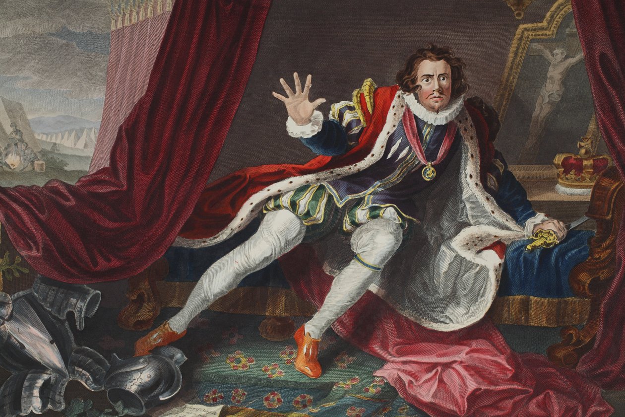 David jako Ryszard III, ilustracja z „Hogarth Restored: The Whole Works of the sławny William Hogarth, ponownie grawerowany przez Thomasa Cooka”, wyd. 1812 (grawerowanie ręcznie kolorowane) autorstwa William Hogarth
