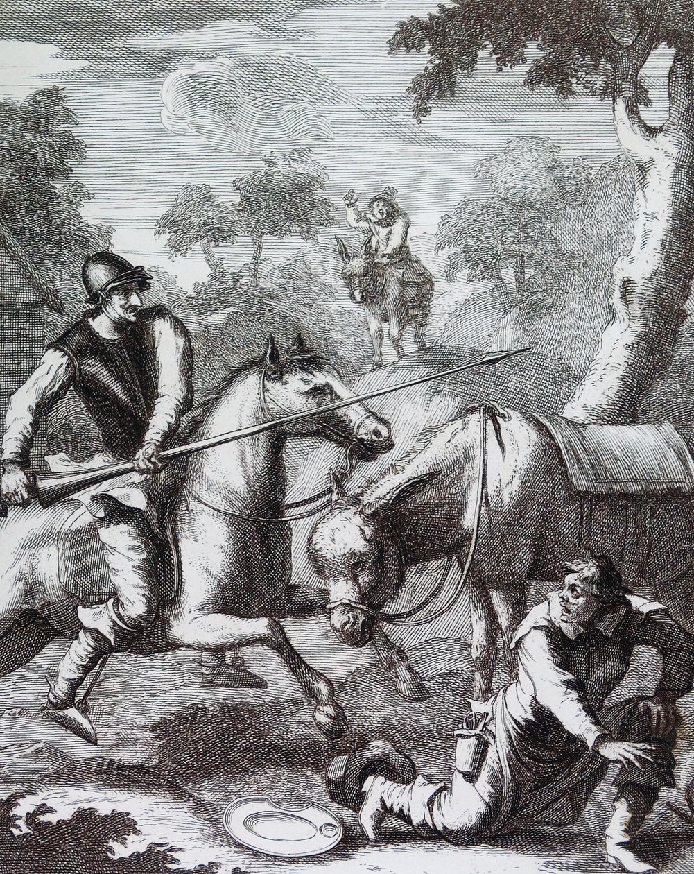 Don Kichot przejmuje bason fryzjerski w zamian za hełm Mambrino” autorstwa William Hogarth