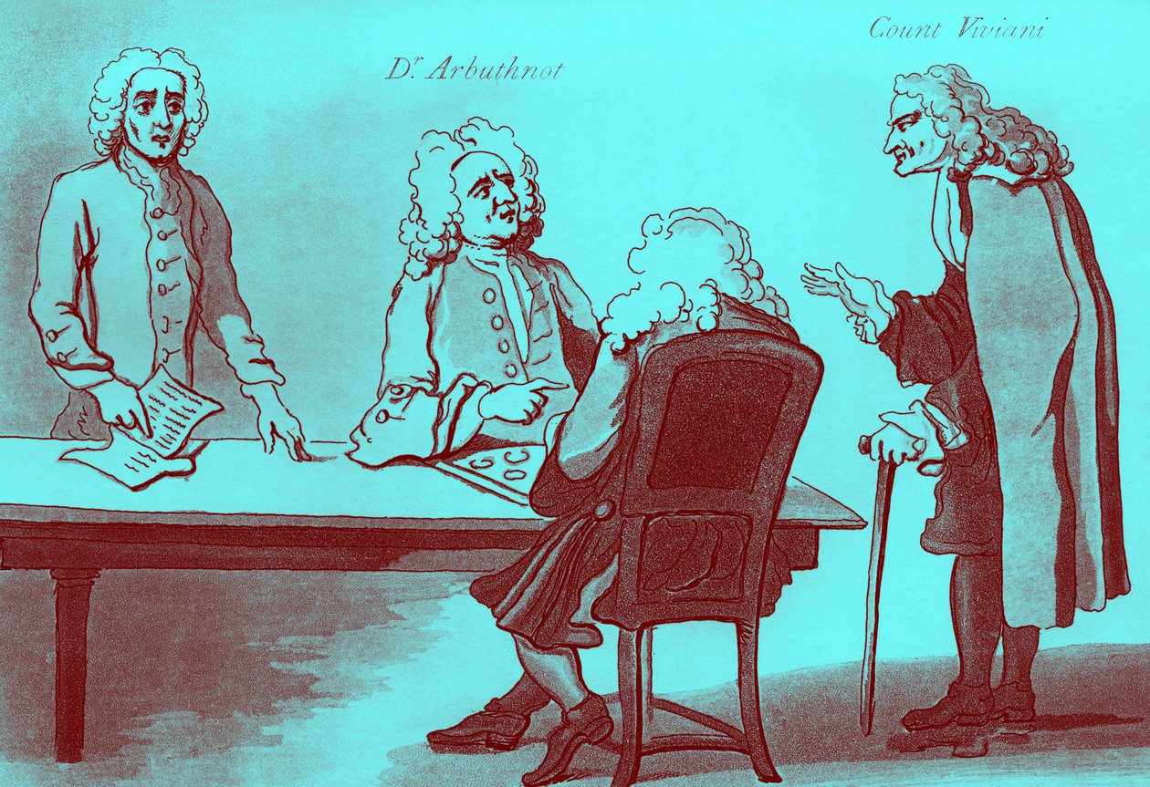 Dr Arbuthnot i hrabia Viviani w kawiarni Buttona autorstwa William Hogarth