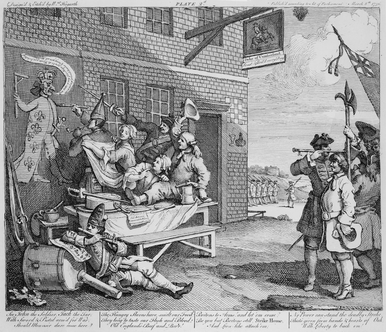 Anglia, tablica II „Inwazji”, 1756 autorstwa William Hogarth