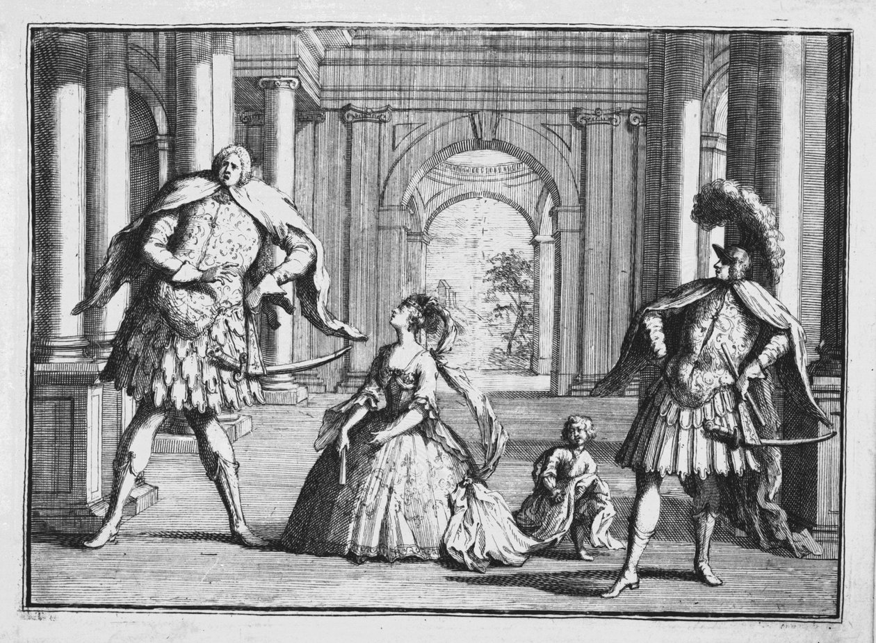 Farinelli, Cuzzoni i Senesino w „Flavio” Haendla, c.1728 autorstwa William Hogarth