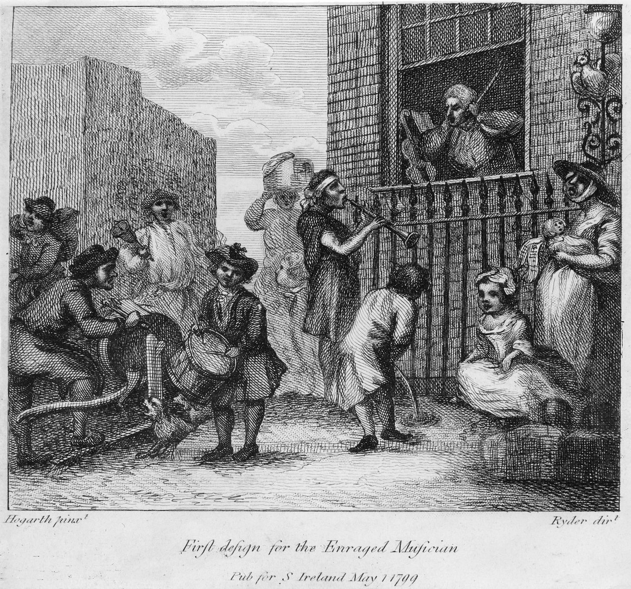 Pirmasis Įniršusio muzikanto dizainas, 1799 m autorstwa William Hogarth