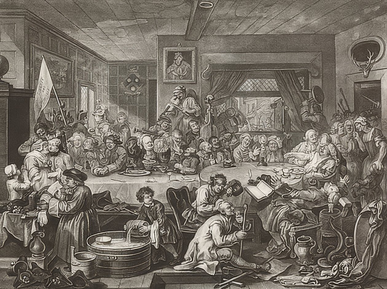 Cztery druki o wyborach / wyborach powszechnych. Arkusz 1: Rozrywka wyborcza. 1755 autorstwa William Hogarth