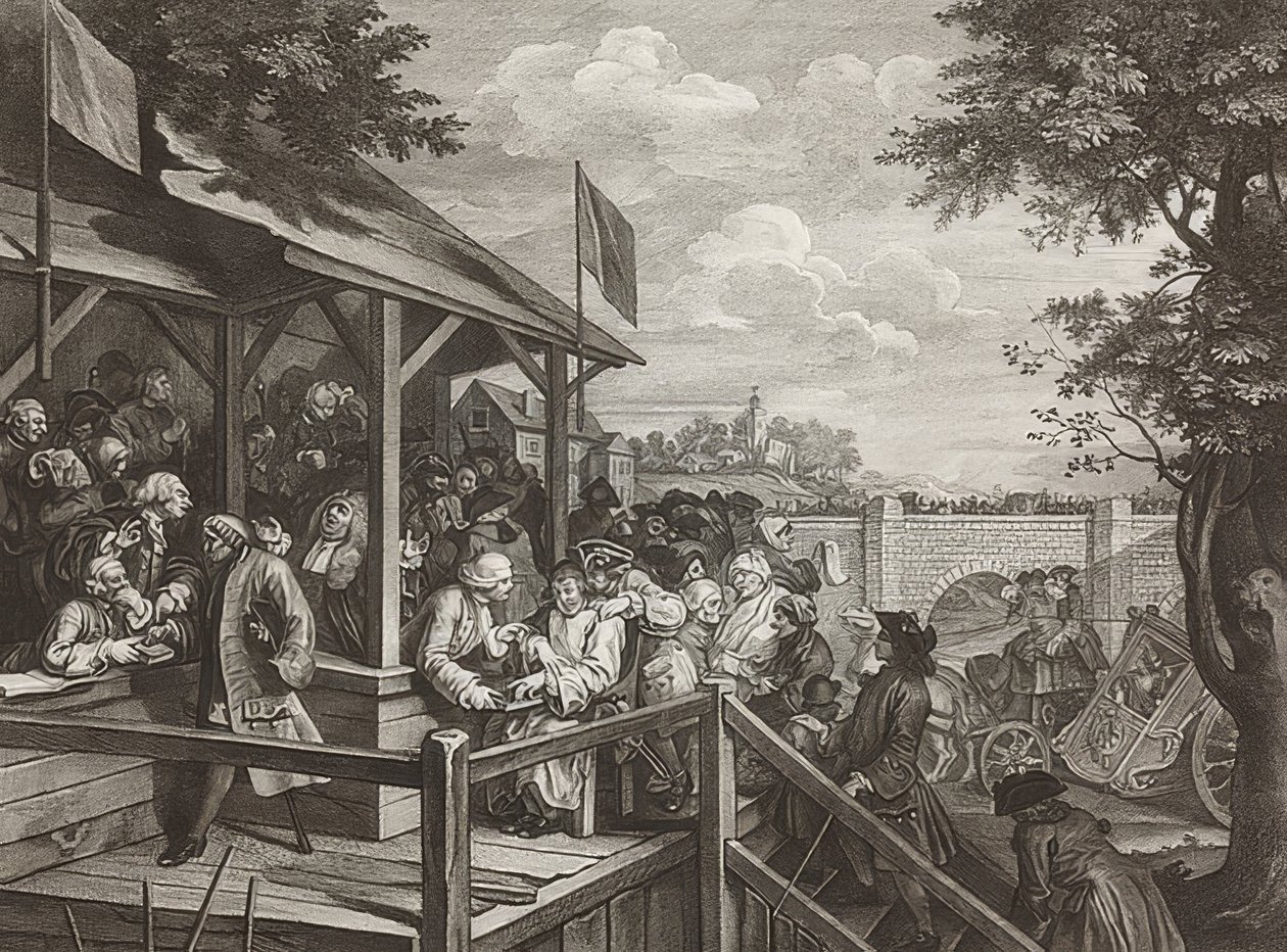 Cztery druki o wyborach / wyborach powszechnych. Arkusz 3: Głosowanie / Głosowanie. 1758 autorstwa William Hogarth