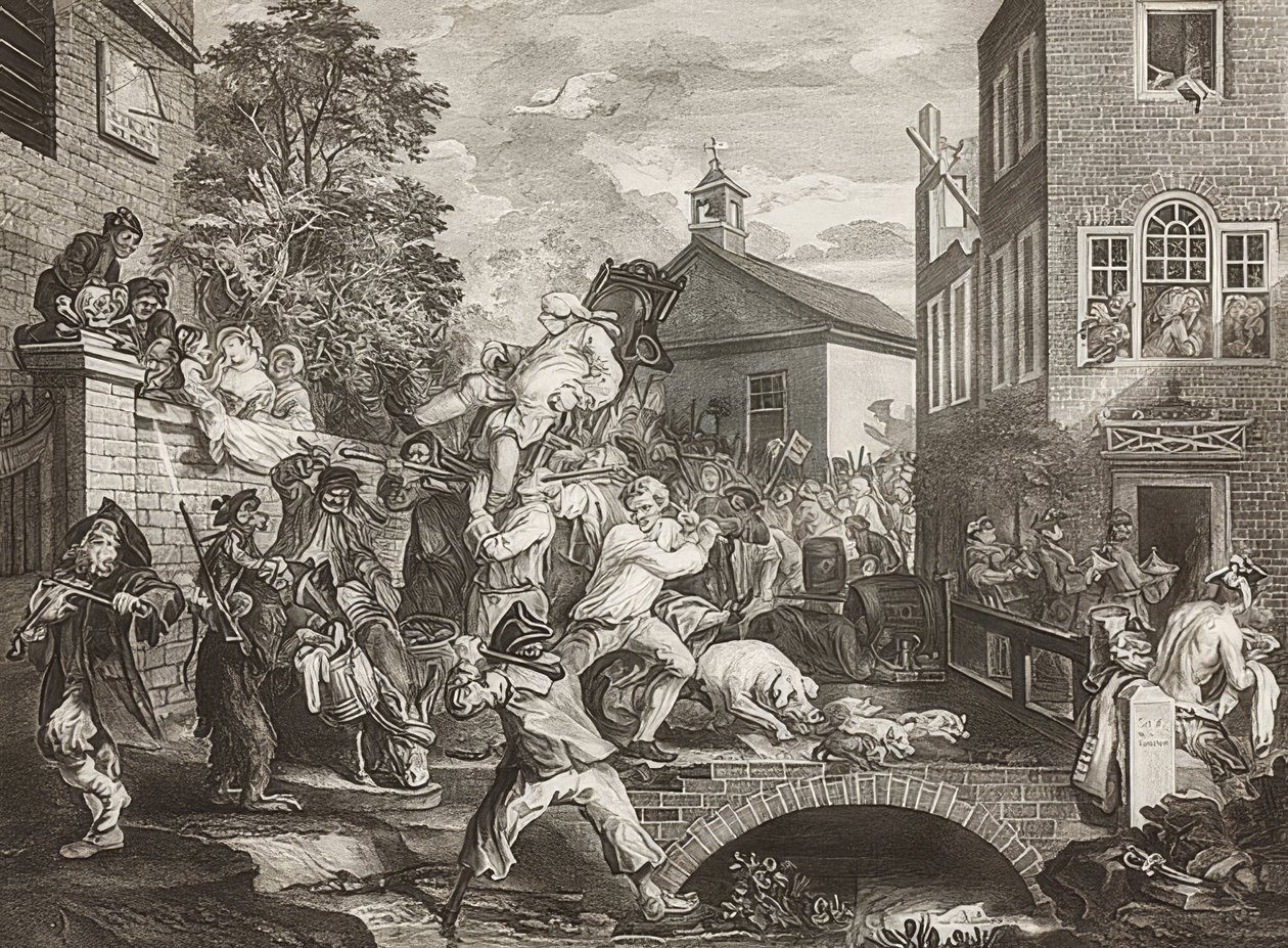 Cztery druki o wyborach / wyborach powszechnych. Arkusz 4: Przewodnictwo posłom / Triumfalna procesja posłów. 1758 autorstwa William Hogarth