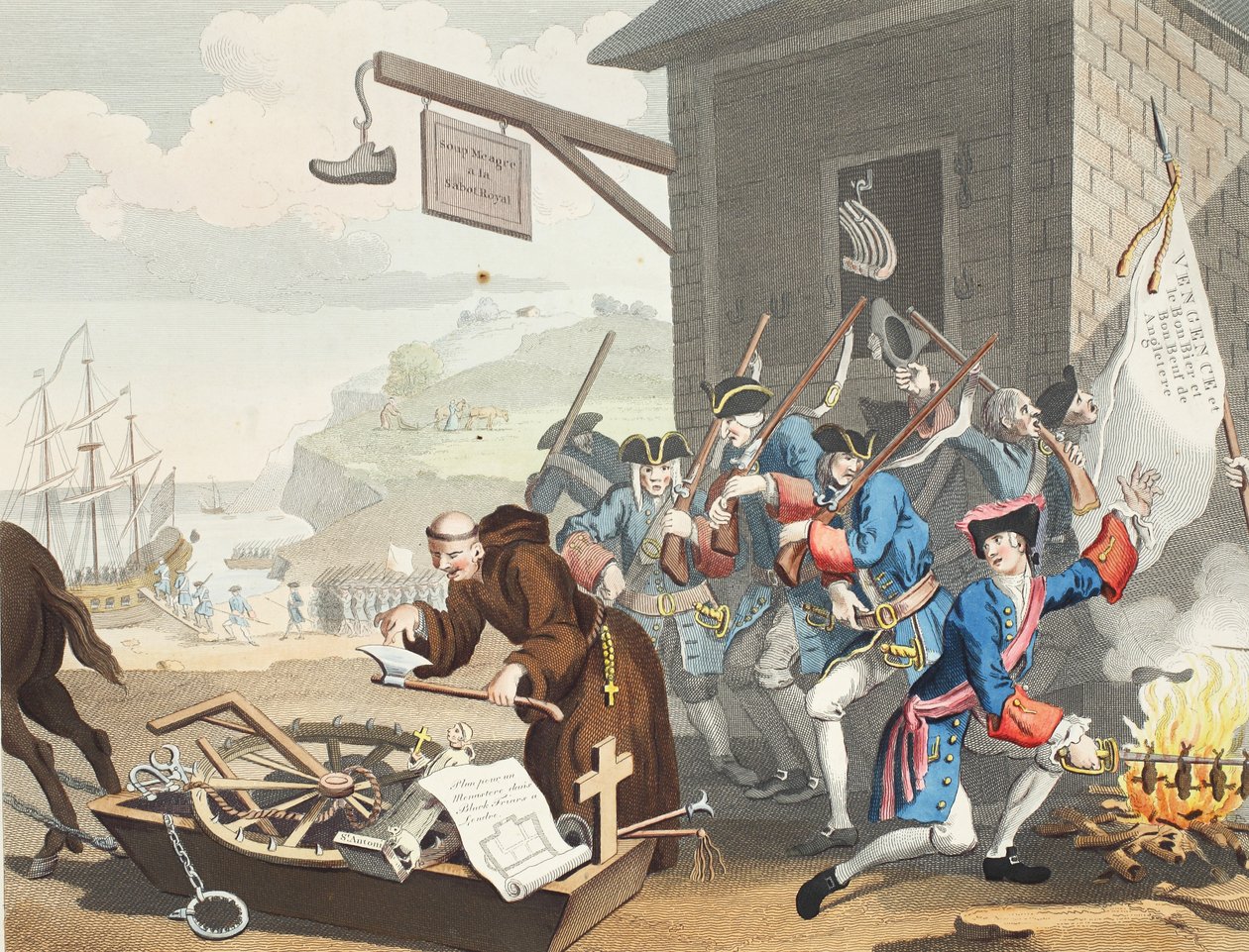 Francja, ilustracja z „Hogarth Restored: The Whole Works of the sławny William Hogarth, ponownie grawerowany przez Thomasa Cooka”, wyd. 1812 (grawerowanie ręcznie kolorowane) autorstwa William Hogarth